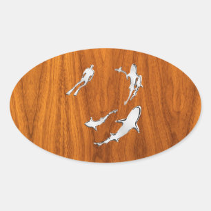 Sticker Ovale Chrome style Diver with Sharks on Teak Veneer