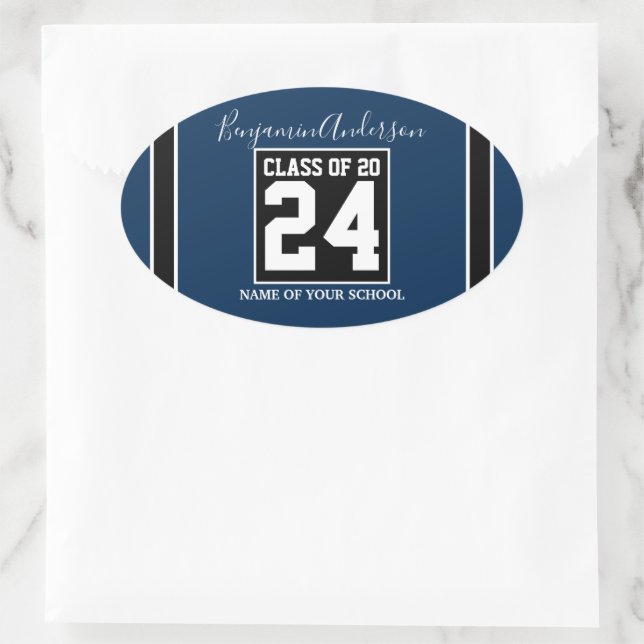 Sticker Ovale Classe de 2024 Marine Bleu Football Forme (Sac)