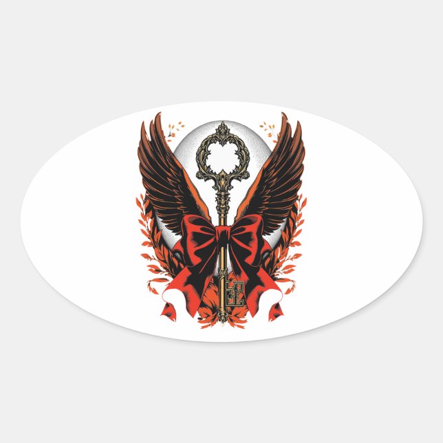 Sticker Ovale Clé de fond en velours gothique avec ailes et lune (Devant)