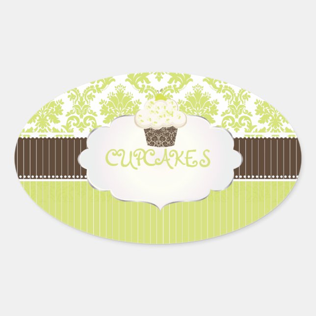 Sticker Ovale Clé PixDezines cupcake+damask/do-it-yourself coule (Devant)