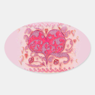 Sticker Ovale Coeur d'art populaire avec feuilles et fleurs