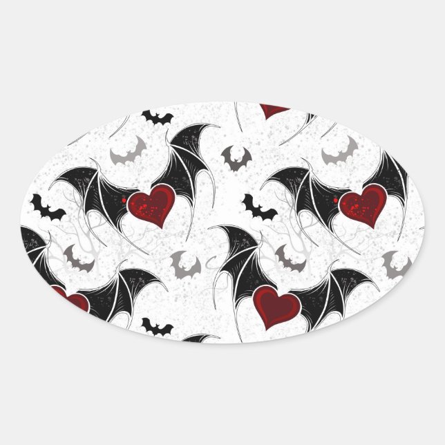 Sticker Ovale Coeur d'Halloween avec ailes de chauve-souris noir (Devant)