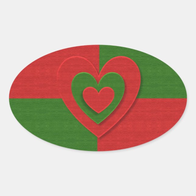 Sticker Ovale Coeur en Noël Couleurs Rouge Vert Felting Look (Devant)