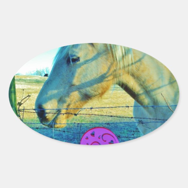 Sticker Ovale Coeur rose et Cheval jaune (Devant)