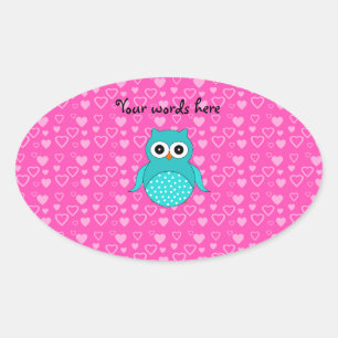 Sticker Ovale Coeurs roses de chouette turquoise