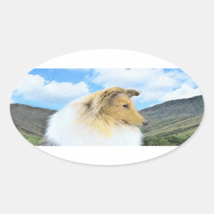 Sticker Ovale Collie en Montagne (Rough) Peinture - Chien Art