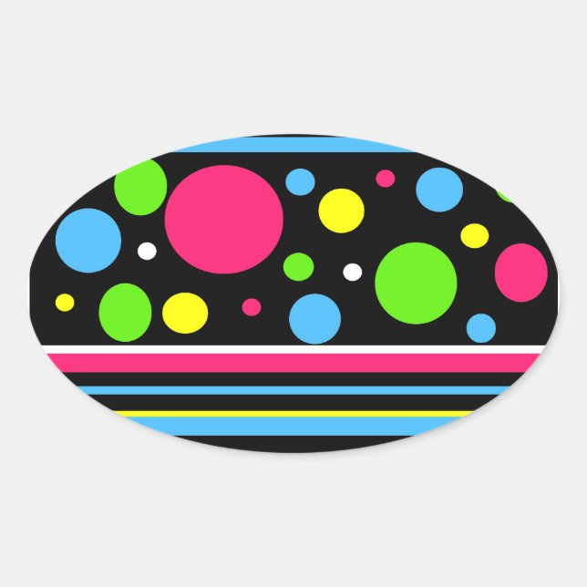 Sticker Ovale Colorful Neon Stripes Polka Dots Pink Teal Lime (Devant)