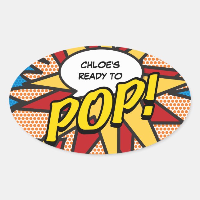 Sticker Ovale Comic Book Ready to POP! Baby shower (Devant)