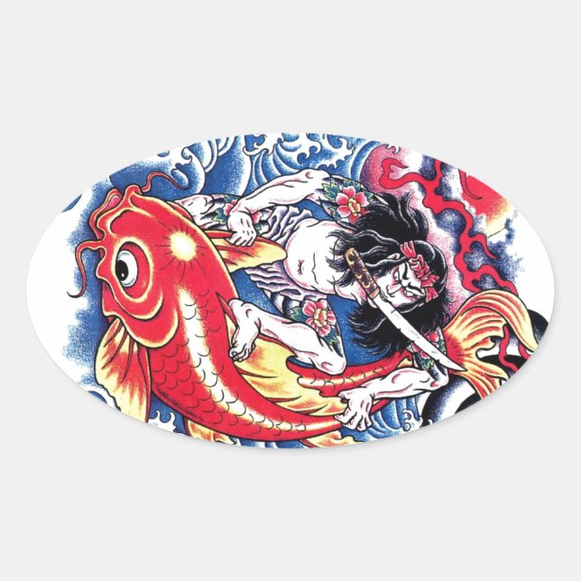 Sticker Ovale Cool japonais Samurai Koi Carp tatouage rouge (Devant)