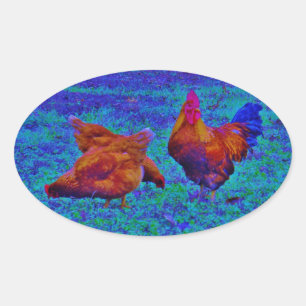 Sticker Ovale Coq et poules arc-en-ciel, bleu électrique