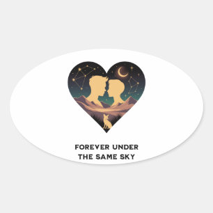 Sticker Ovale Cosmic Love Story Coeur avec les amants et Fox Art