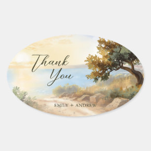 Sticker Ovale Coucher de soleil aquarelle sur la côte méditerran