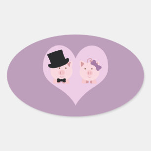 Sticker Ovale Couple de cochon mignon