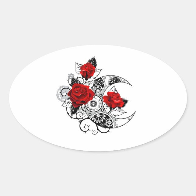 Sticker Ovale Croissant mécanique avec roses rouges (Devant)