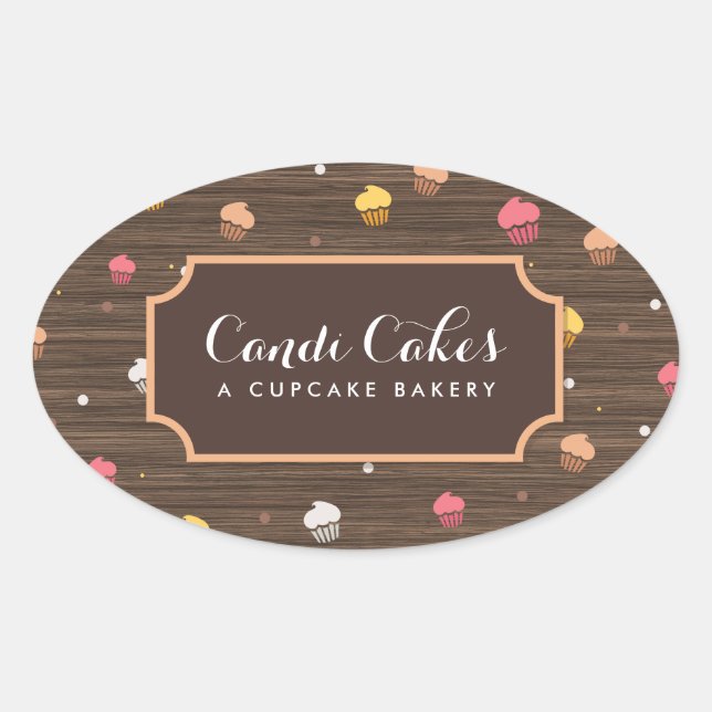 Sticker Ovale Cute Cupcakes Boulangerie Motif Bois Brown (Devant)