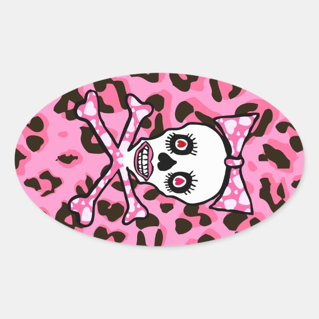 Sticker Ovale Cute Girly goth punk crâne sur empreinte de léopar (Devant)