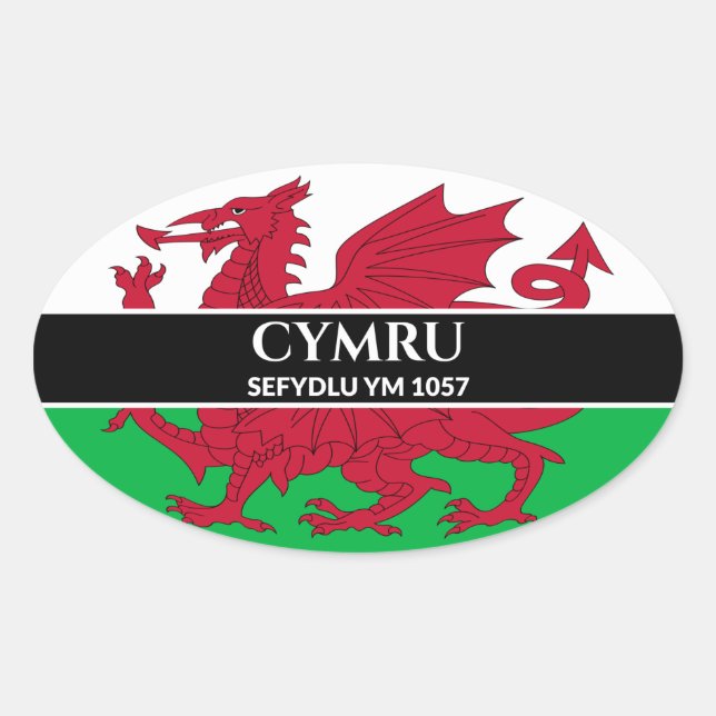 Sticker Ovale Cymru Sefydlu Ym 1057 Drapeau Gallois Dragon Texte (Devant)