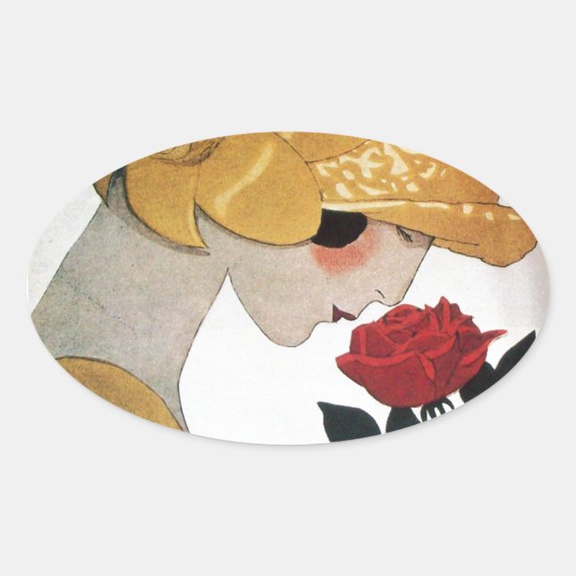 STICKER OVALE DAME AVEC ROSE ROUGE (Devant)