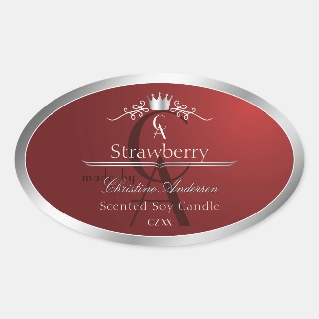 Sticker Ovale Deep Red Product Label with Silver Frame Monogram (Devant)