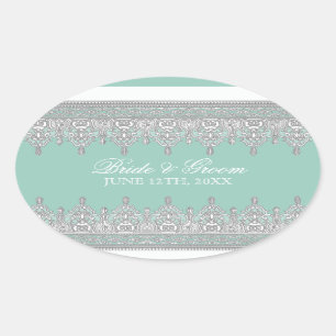Sticker Ovale Dentelle à déchirure, sceau Mariage bleu Aqua ou a