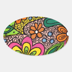 Sticker Ovale Design de fleurs hippie