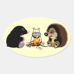 Sticker Ovale dessin animé mole et hérisson