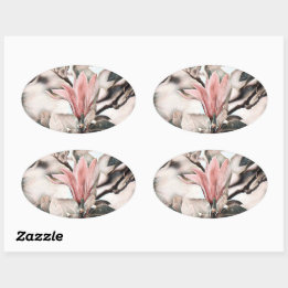 Sticker Ovale Dessin d'une branche de fleur de magnolia rose