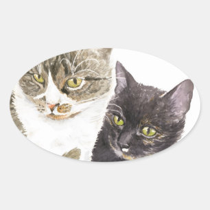 Sticker Ovale Deux chats - tabby et tortie