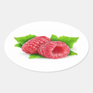 Sticker Ovale Deux framboises avec des feuilles