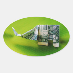Sticker Ovale Dollar facture origami éléphant sur arrière - plan