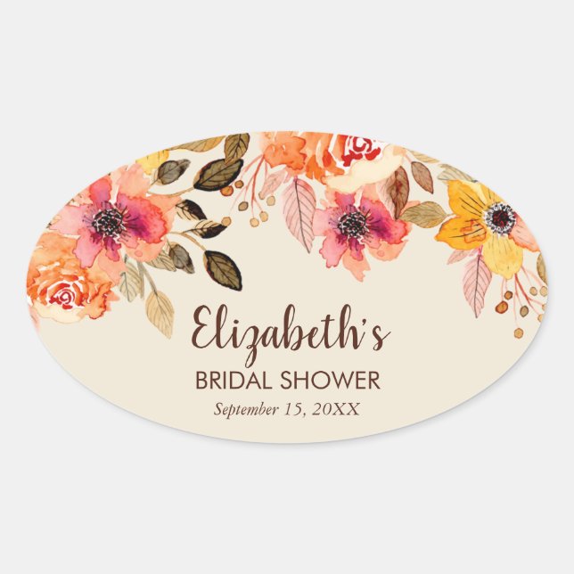 Sticker Ovale Douche de Mariage Florale Aquarelle d'Automne (Devant)