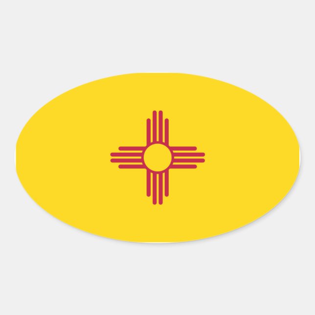 Sticker Ovale Drapeau d'État du Nouveau-Mexique/Mexique (Zia), É (Devant)