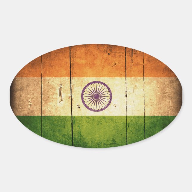 Sticker Ovale Drapeau indien en bois (Devant)