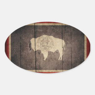 Sticker Ovale Drapeau robuste de Wyoming en bois
