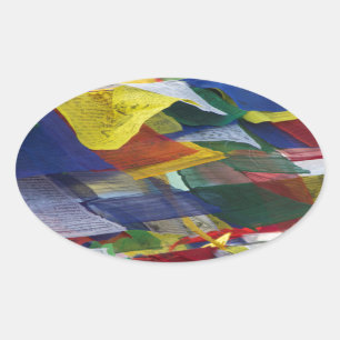 Sticker Ovale Drapeaux tibétains de prière chez Boudhanath Stu