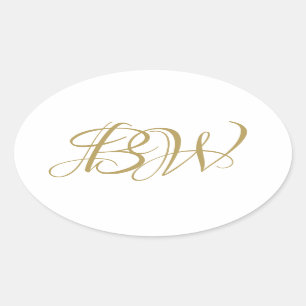 Sticker Ovale Élégant Couples Blanc Or Monogramme Noms Initiales