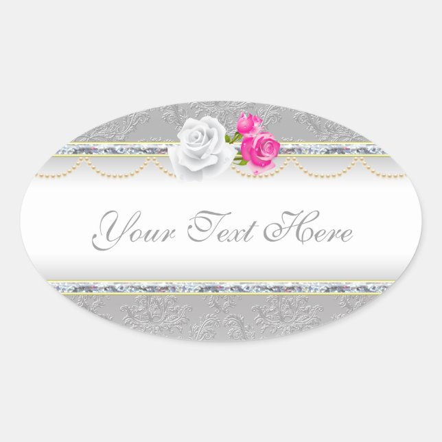 Sticker Ovale Élégant Damas d'argent et rose rose (Devant)