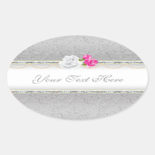 Sticker Ovale Élégant Damas d'argent et rose rose