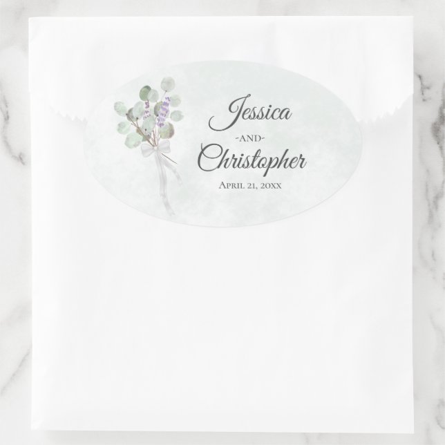 Sticker Ovale Elégant Eucalyptus & Lavender Bouquet Mariage (Sac)