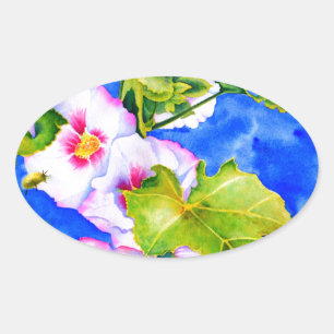 Sticker Ovale Elégant jardin fleuri rose blanc aquarelle