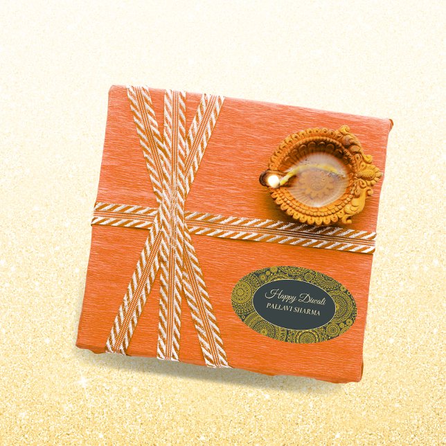 Sticker Ovale Elégant mandala diyas hindu coutume or diwali (Créateur téléchargé)