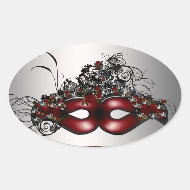Sticker Ovale Elégant Mascarade rouge Masque Masque Argent Envel (Devant)