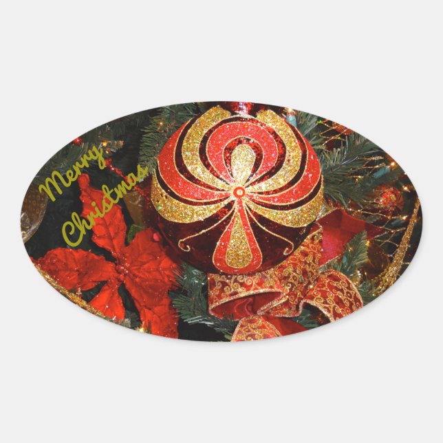 Sticker Ovale Élégant ornement de Noël Rouge Or Poinsettia (Devant)