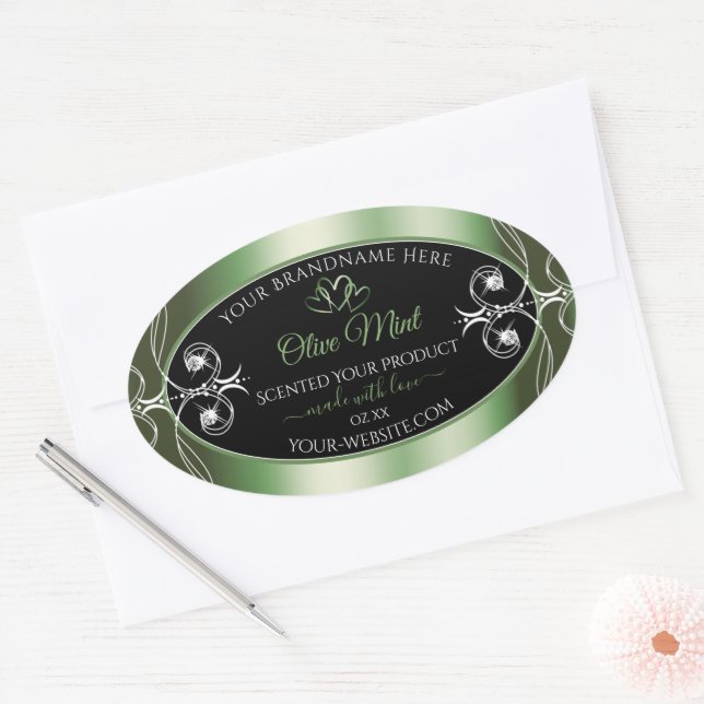 Sticker Ovale Elégant Shimmery Green Produit Noir Bijoux Étiquet (Enveloppe)
