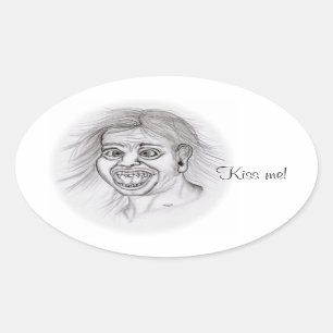 Sticker Ovale Embrasse-moi ! Crayon dessin noir et blanc