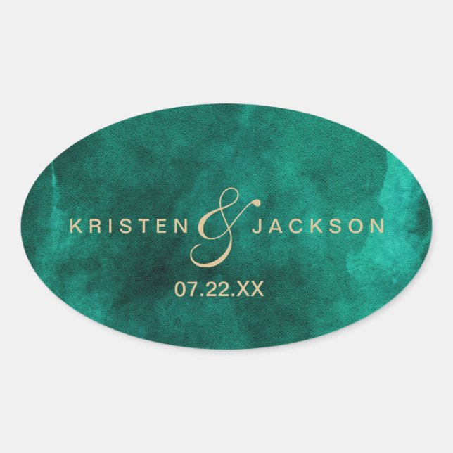 Sticker Ovale Emerald Green Aquarelle et Mariage Monogramme Or (Devant)