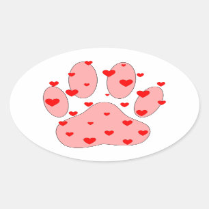 Sticker Ovale Empreinte de patte rose aux coeurs