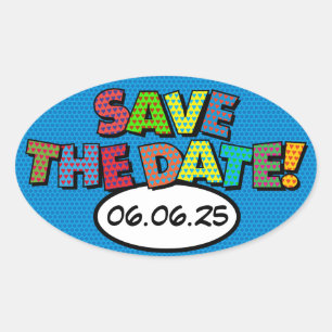 Sticker Ovale ENREGISTRER LA DATE Amusant Rétro Bande Dessinée P