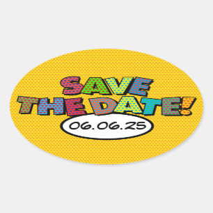 Sticker Ovale ENREGISTRER LA DATE Amusant Rétro Bande Dessinée P