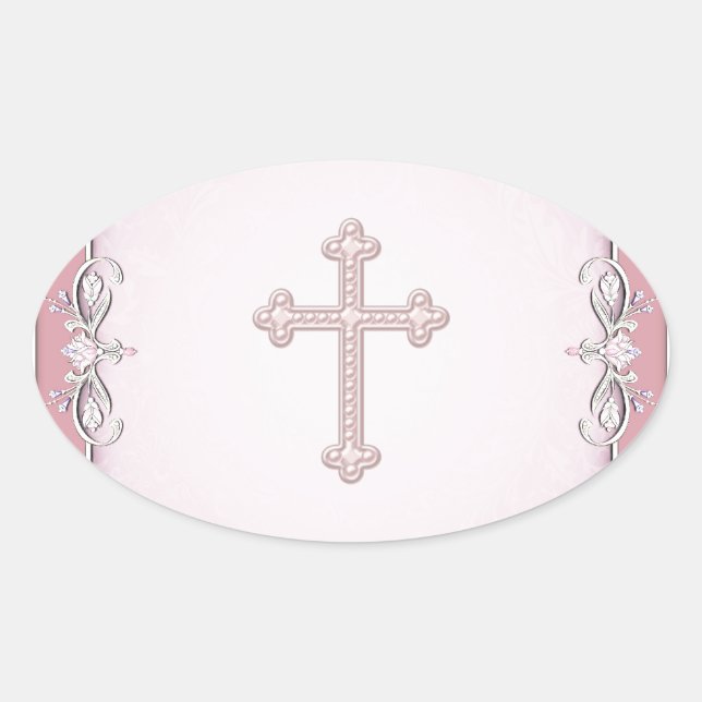 Sticker Ovale Enveloppe de fleurs en damas rose croix (Devant)